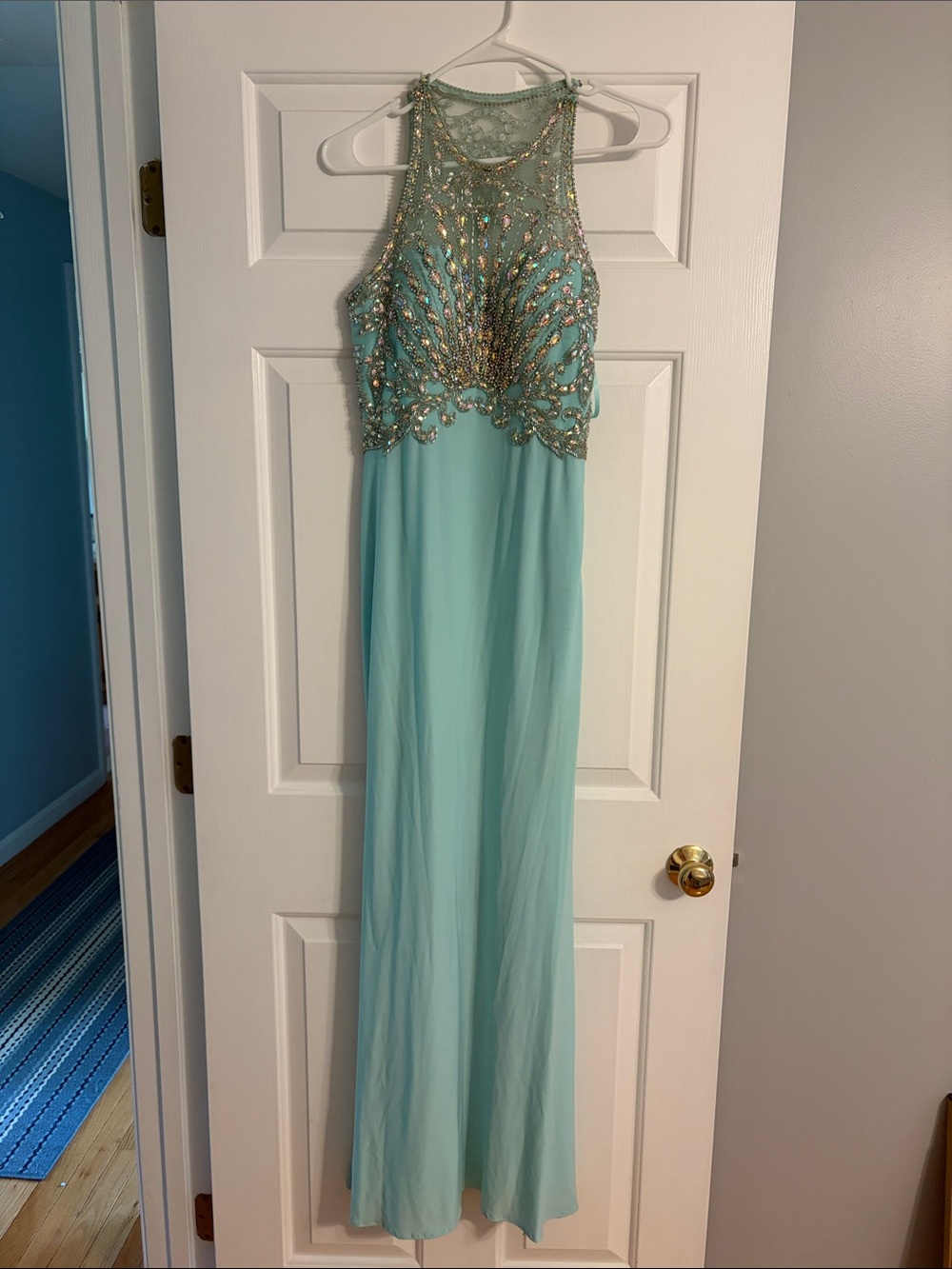 Embellished Mint High-Neck Evening Dress